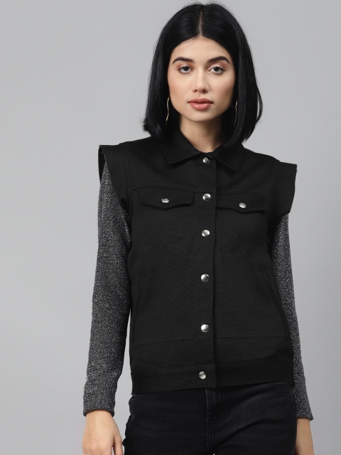 

I AM FOR YOU Women Black Micro-Checked Jacquard Weave Pure Cotton Tailored Jacket