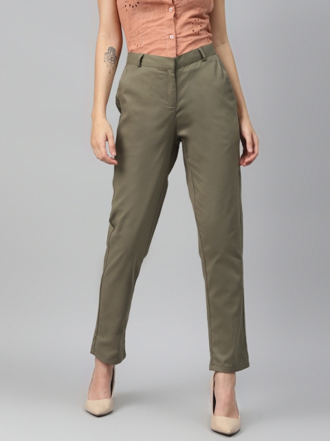 

I AM FOR YOU Women Olive Green Cotton Regular Fit Solid Trousers