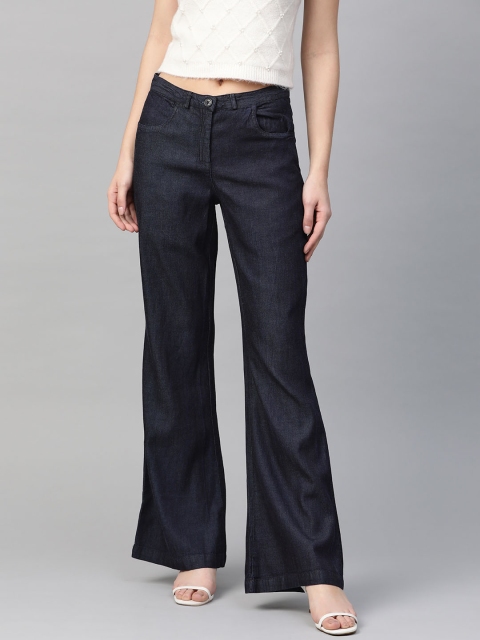 

I AM FOR YOU Women Navy Blue High Rise Cotton Tailored Flared Solid Denim Bootcut Trousers