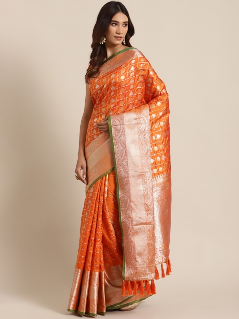 

VASTRANAND Orange & Golden Woven Design Zari Celebrity Banarasi Saree