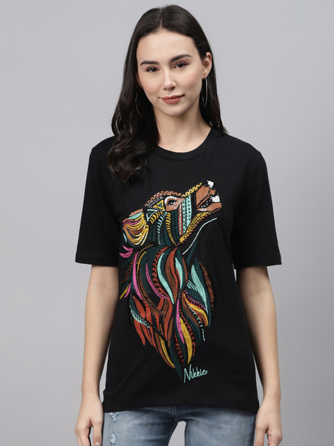 

I AM FOR YOU Women Black Embellished Pure Cotton Round Neck T-shirt