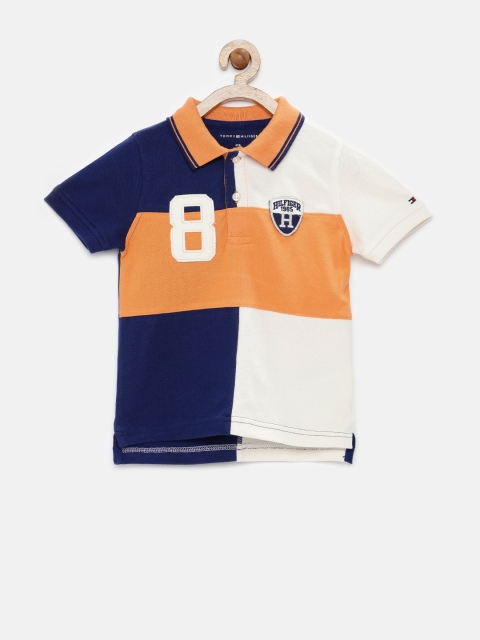 

Tommy Hilfiger Boys Navy Orange Colourblocked Polo Pure Cotton T-shirt, Navy blue