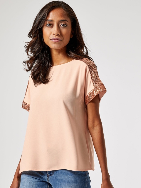 

DOROTHY PERKINS Women Peach-Coloured Solid Petite Sequinned Detail Top