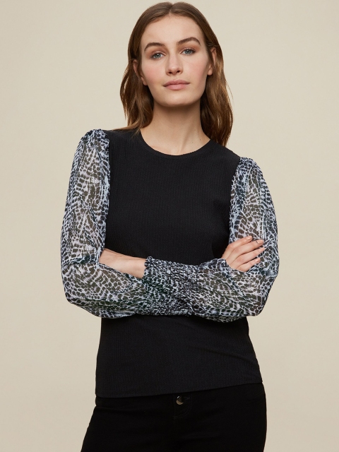

DOROTHY PERKINS Women Black Self Design Puff Sleeves Top