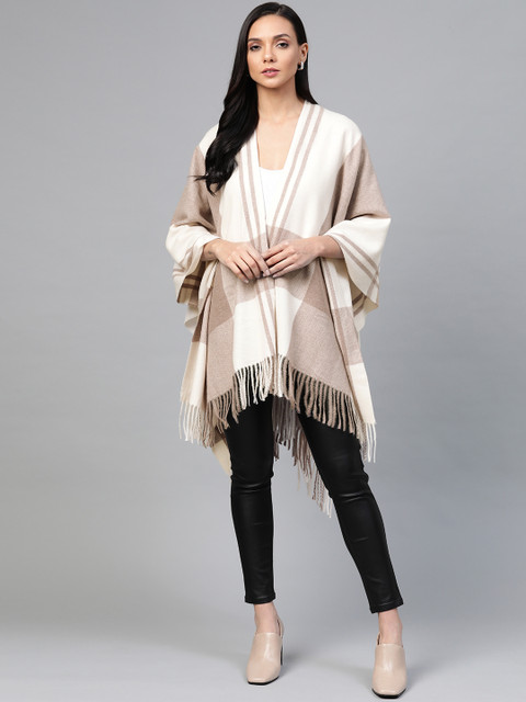 

DOROTHY PERKINS Women Beige & Off-White Checked Open Front Cape-Style Winter Shrug