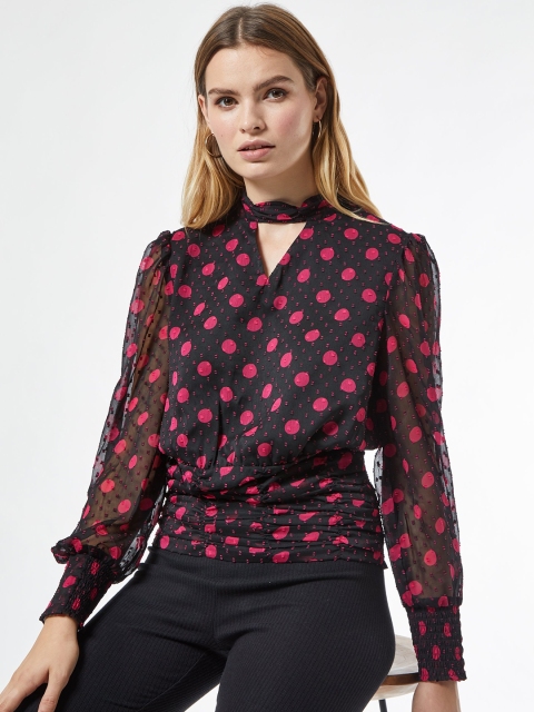

DOROTHY PERKINS Women Black & Pink Dobby Weave Polka Dots Printed Cinched Waist Top