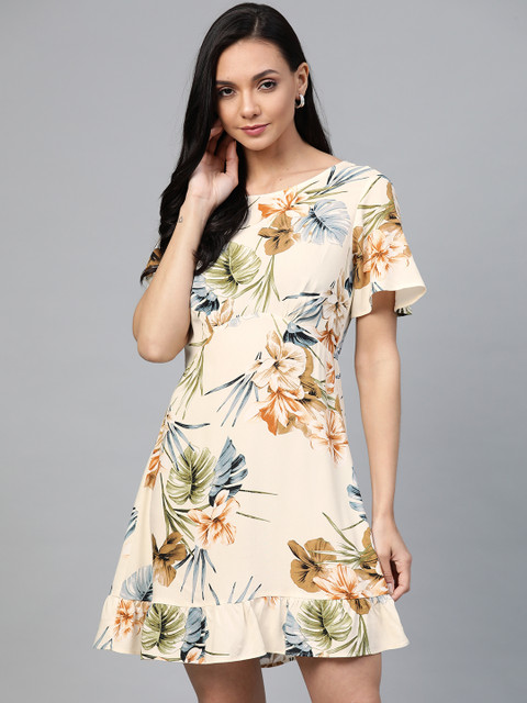 

DOROTHY PERKINS Women Cream-Coloured & Brown Petite Floral Print Empire Dress