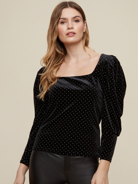 

DOROTHY PERKINS Women Black Velvet Finish Knitted Embellished Puff Sleeves Top