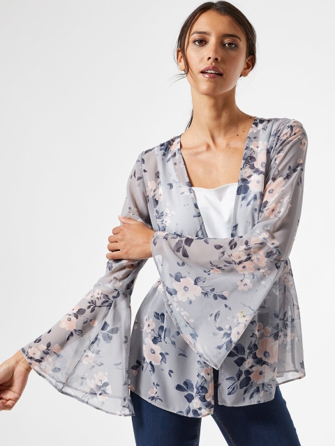 

DOROTHY PERKINS Women Grey & Navy Blue Printed Semi-Sheer Tie-Up Shrug