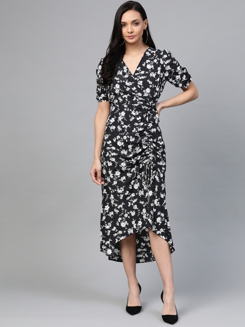 

DOROTHY PERKINS Women Black & White Petite Floral Print Ruched Wrap Dress