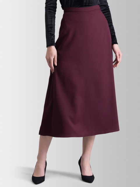 

FableStreet Maroon Flared Midi Skirt