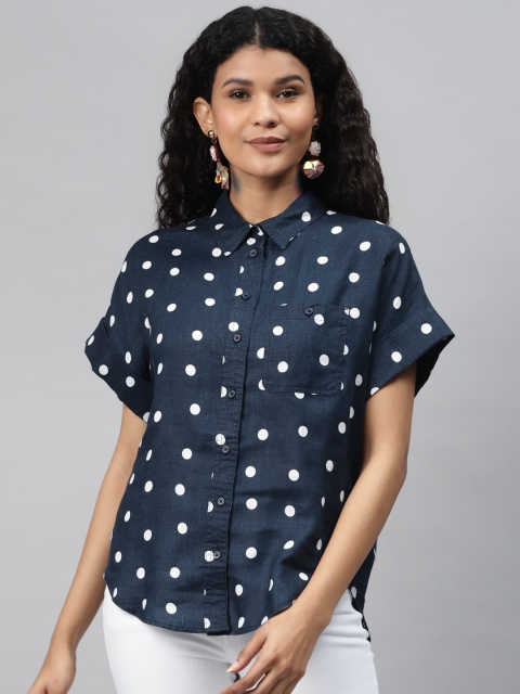 

Marks & Spencer Women Navy Blue & White Regular Fit Polka Dot Print High-Low Casual Shirt