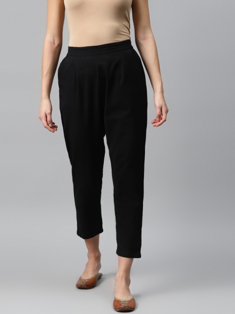 

Vasudha Women Black Slim Fit Pure Cotton Solid Cropped Cigarette Trousers