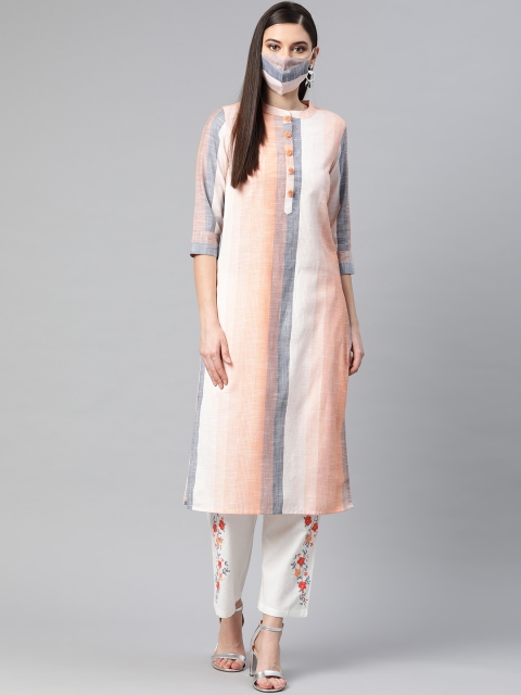 

PIROH Women Peach-Coloured White Striped Kurta with Palazzos