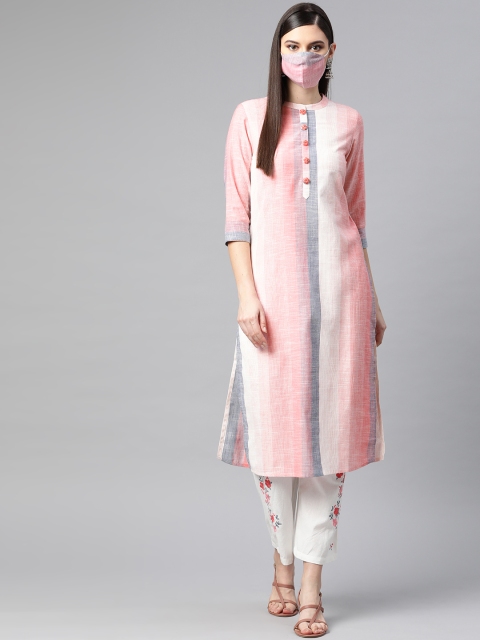 

PIROH Women Pink & White Striped Kurta with Trousers