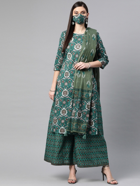 

PIROH Women Green Grey Printed Kurta Set With Dupatta