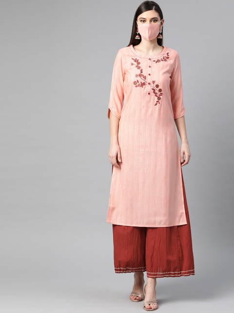 

PIROH Women Peach-Coloured Maroon Embroidered Kurta with Palazzos