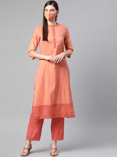 

PIROH Women Peach-Coloured Coral Red Handloom Striped Kurta with Palazzos