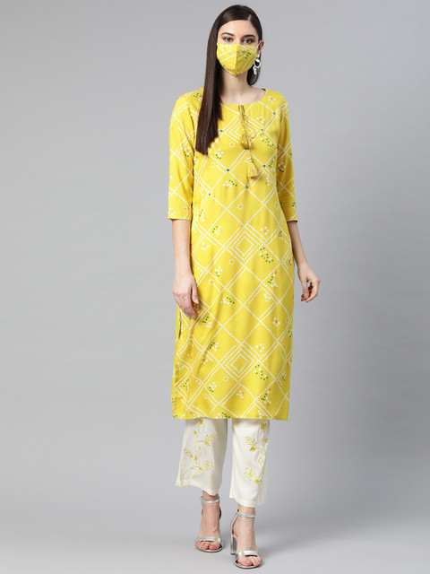 

PIROH Women Yellow Off-White Bandhani Printed Kurta with Palazzos