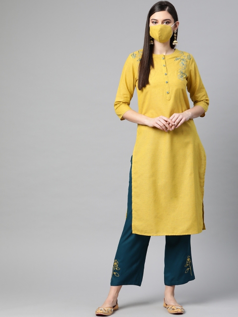 

PIROH Women Mustard Yellow Teal Blue Solid Kurta with Palazzos