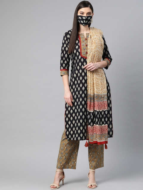 

PIROH Women Black Mustard Yellow Printed Kurta Set With Dupatta