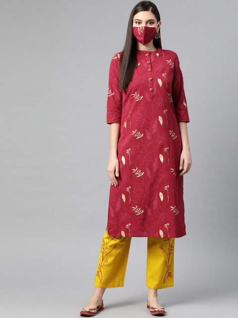 

PIROH Women Maroon Mustard Yellow Printed Kurta with Palazzos