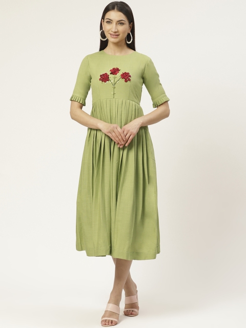 

VASTRANAND Women Green Solid Pleated A-Line Dress