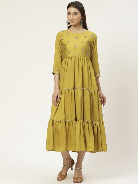 

VASTRANAND Women Green Handwork Tiered A-Line Dress, Mustard