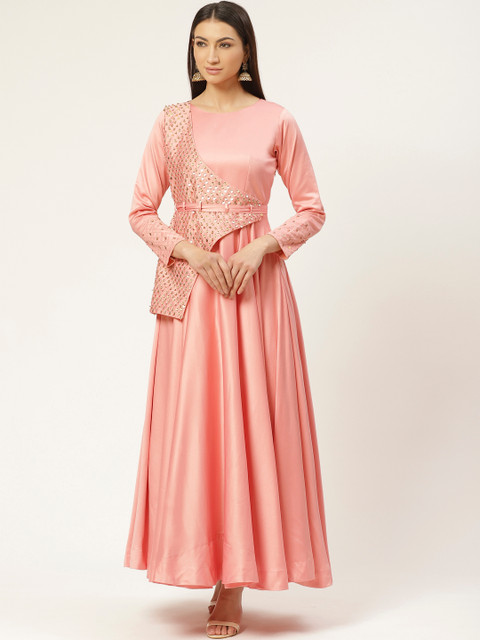 

VASTRANAND Women Peach-Coloured & Golden Embellished Detail Layered Maxi Dress