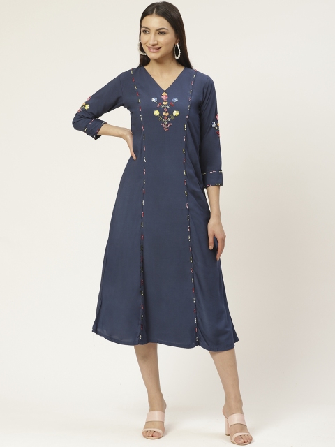 

VASTRANAND Women Navy Blue Embroidered Detail A-Line Dress