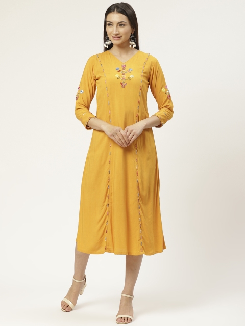 

VASTRANAND Women Mustard Yellow Hand Embroidered A-Line Dress