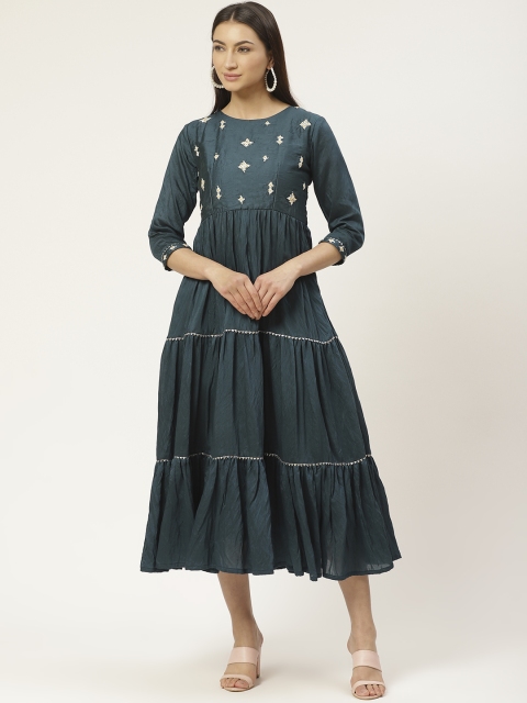 

VASTRANAND Women Navy Embroidered Tiered A-Line Dress, Navy blue