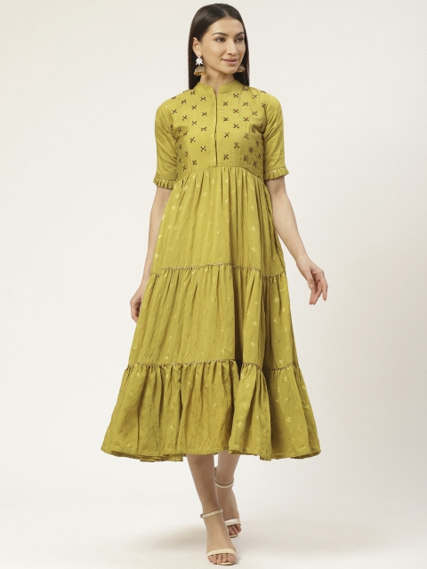 

VASTRANAND Women Lime Green & Golden Printed Tiered A-Line Dress