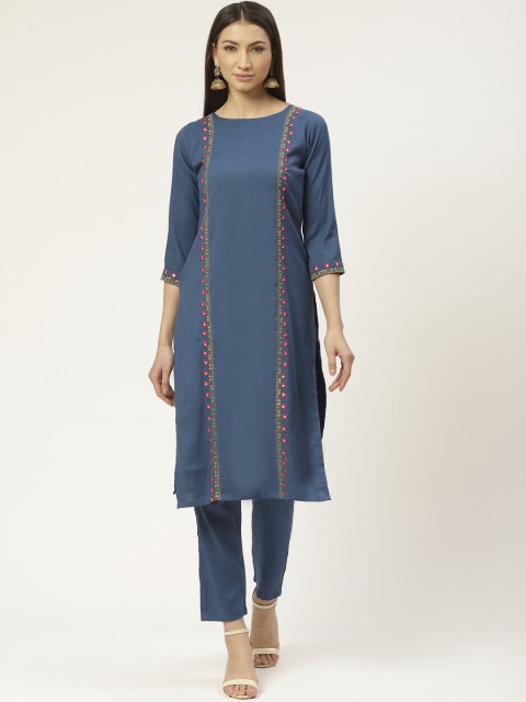 

VASTRANAND Women Teal Blue Embroidered Kurta with Trousers