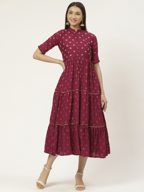 

VASTRANAND Women Burgundy & Golden Printed Tiered A-Line Dress