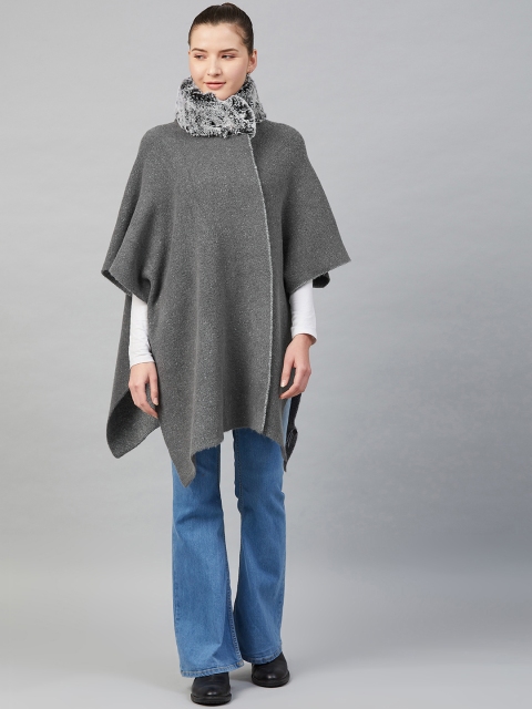 

Marks & Spencer Women Charcoal Grey Faux Fur Neck Solid Poncho
