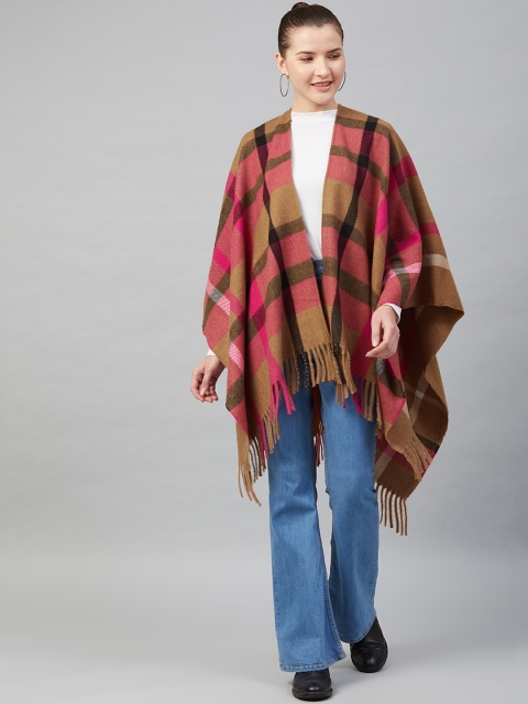 

Marks & Spencer Women Pink & Beige Checked Open Front Poncho Sweater