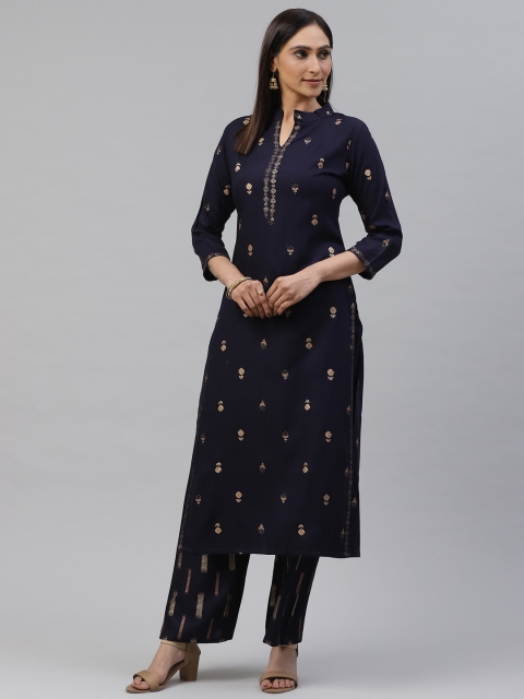 

KALINI Women Navy Blue & Golden Printed Kurta with Palazzos