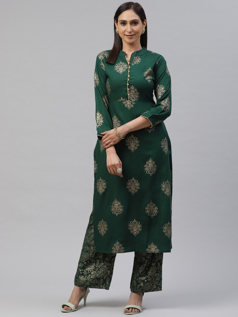 

KALINI Women Green & Golden Ethnic Motif Printed Kurta with Palazzos