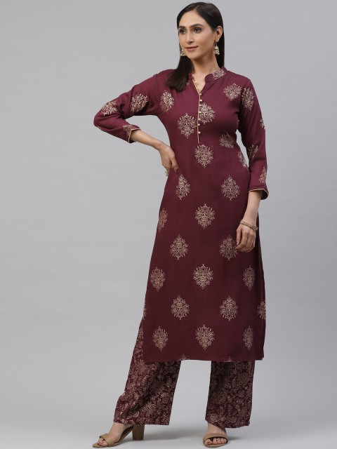 

KALINI Women Burgundy & Golden Printed Kurta with Palazzos