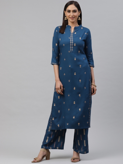 

KALINI Women Blue & Golden Floral Printed Kurta with Palazzos