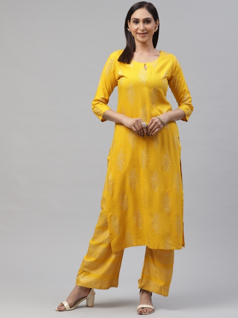 

GoSriKi Women Mustard Yellow & Golden Ethnic Motif Printed Kurta with Palazzos