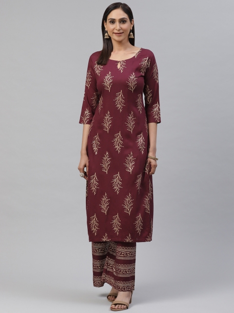 

KALINI Women Burgundy & Golden Ethnic Motif Printed Kurta with Palazzos