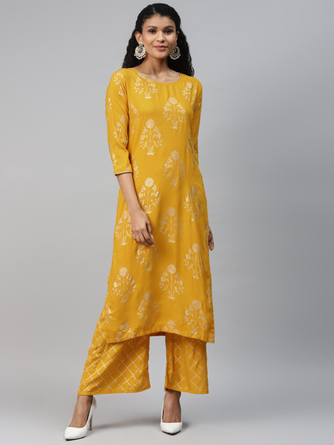

GoSriKi Women Mustard Yellow & Golden Printed Kurta with Palazzos