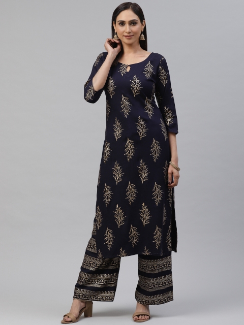 

KALINI Women Navy Blue & Golden Foil Printed Kurta with Palazzos