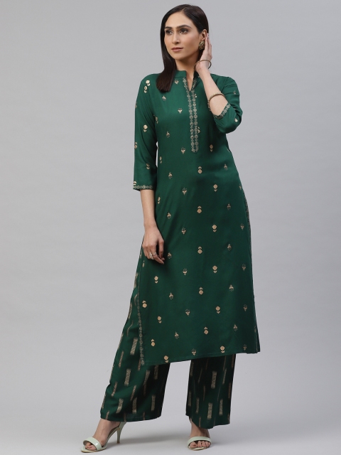 

KALINI Women Green & Golden Printed Kurta with Palazzos