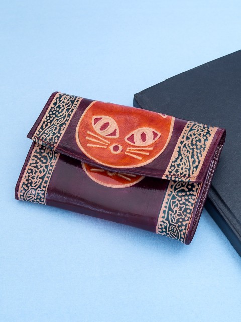 

Golden Peacock Women Burgundy & Orange Self Design Hand Painted Leather Two Fold Wallet