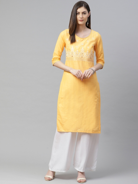

AURELIA Women Yellow Pure Cotton Yoke Design Straight Kurta