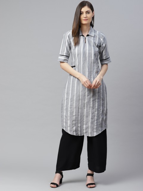 

AURELIA Women Grey & White Striped Pure Cotton Pathani Kurta