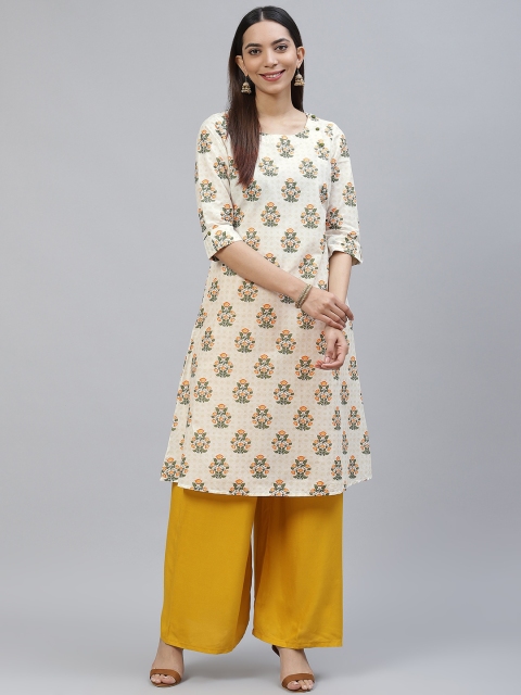 

AURELIA Women Off White & Green Ethnic Motifs Printed Kurta
